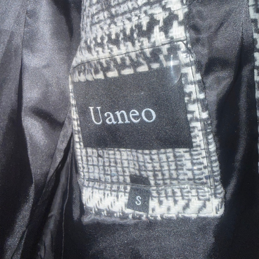 Uaneo Unisex Black White Plaid Wool Blend‎ Longline Coat Jacket RJ-C121 Small - Picture 3 of 16